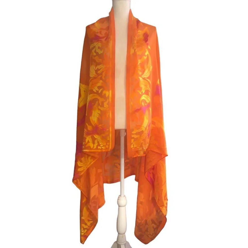 Unknown Women's Large Orange Pink Yellow Sheer Dolphin Fish Sea Life Scarf Wrap